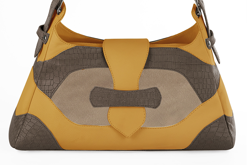 Dress handbag in taupe brown, tan beige and mustard yellow leather - Profile view